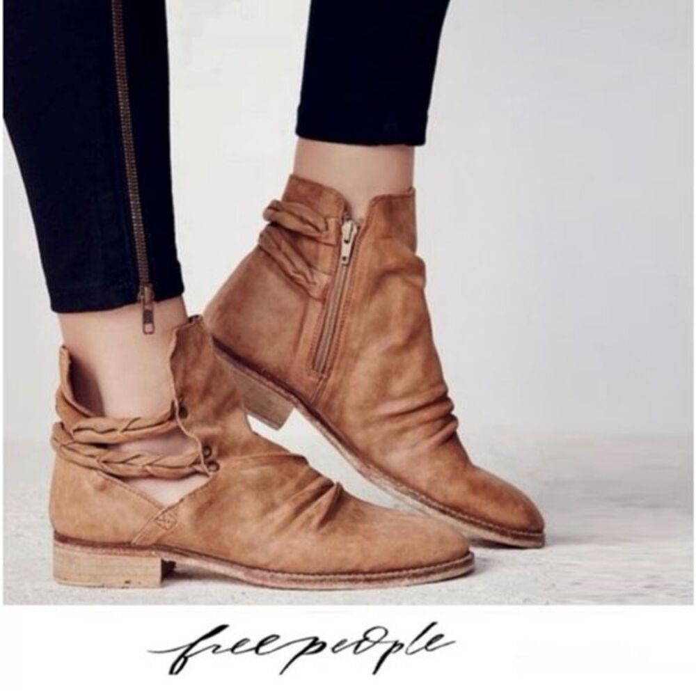 Free People Landslide Tan Bootie Ankle‎ Boot Braided Leather Cutout Size 40 Tan